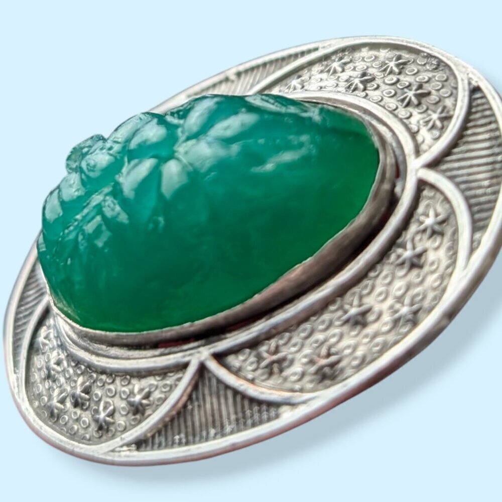 Vintage Green Molded Glass Brooch